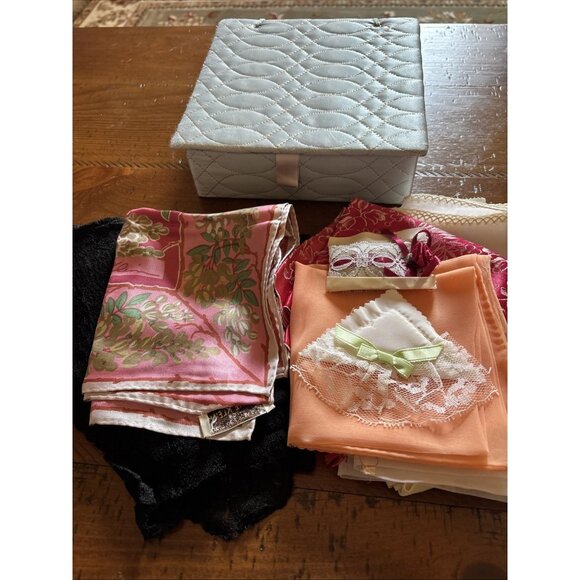 Accessories - Vintage Blue Scarf Box And Vintage Scarves Ann Klein Silk Black Lace